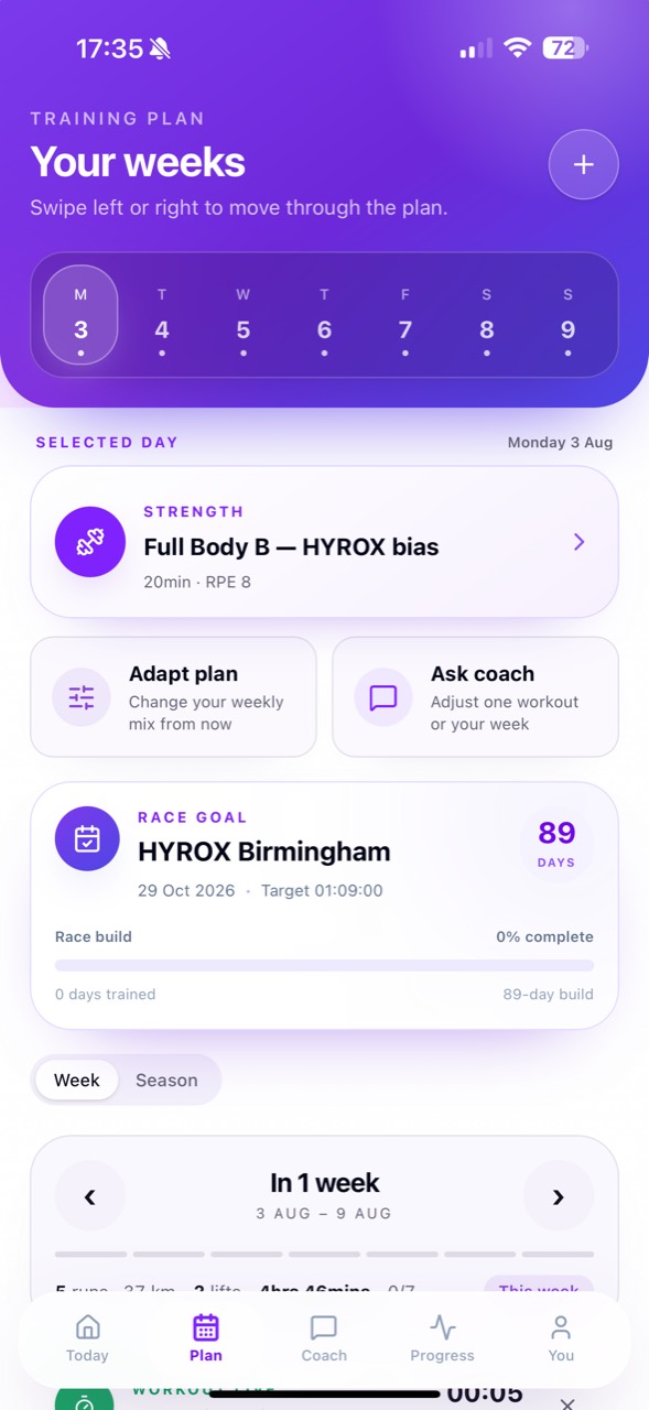 Enduro Fit plan screen