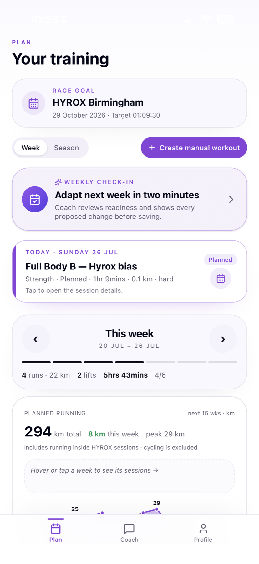 Enduro Fit adaptive hybrid training plan on iPhone
